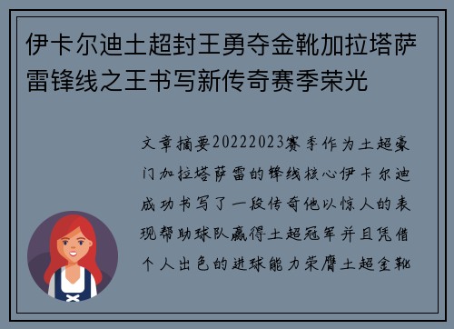 伊卡尔迪土超封王勇夺金靴加拉塔萨雷锋线之王书写新传奇赛季荣光